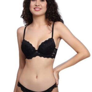 Designer Women's Padded Bra Panty Set Lace Push Up Non-Wired Solid Lingerie Set/Bikini Set for Women/Lingerie Set for Women & Girls-Black
