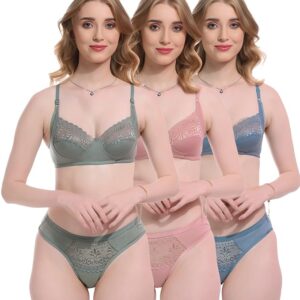 Women Cotton Half Net Non Padded Non Wired Low Coverage Bra & Panty Regular Lingerie Set Half Net Combo Pack of 3