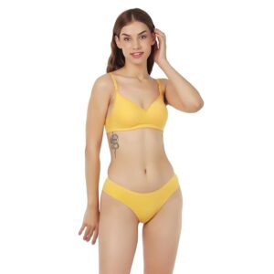 Non Padded Bra Panty Set - Made of Pure Cotton Full Coverage Non Wired Seamless Pushup Soft Cup for T-Shirt Saree Dress Sports Garment for Daily Use Everyday-Yellow
