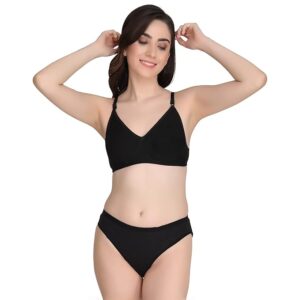 Non Padded Bra Panty Set - Made of Pure Cotton Full Coverage Non Wired Seamless Pushup Soft Cup for T-Shirt Saree Dress Sports Garment for Daily Use Everyday-Black