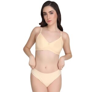 Non Padded Bra Panty Set - Made of Pure Cotton Full Coverage Non Wired Seamless Pushup Soft Cup for T-Shirt Saree Dress Sports Garment for Daily Use Everyday-Cream