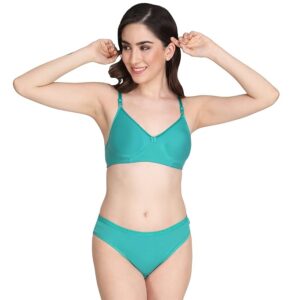 Non Padded Bra Panty Set - Made of Pure Cotton Full Coverage Non Wired Seamless Pushup Soft Cup for T-Shirt Saree Dress Sports Garment for Daily Use Everyday-Green