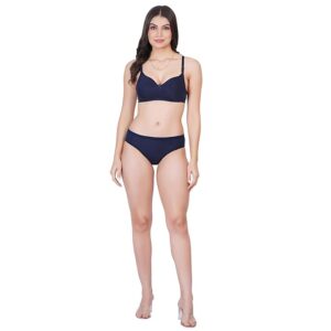 Non Padded Bra Panty Set - Made of Pure Cotton Full Coverage Non Wired Seamless Pushup Soft Cup for T-Shirt Saree Dress Sports Garment for Daily Use Everyday-Navy