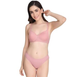 Non Padded Bra Panty Set - Made of Pure Cotton Full Coverage Non Wired Seamless Pushup Soft Cup for T-Shirt Saree Dress Sports Garment for Daily Use Everyday-Pink
