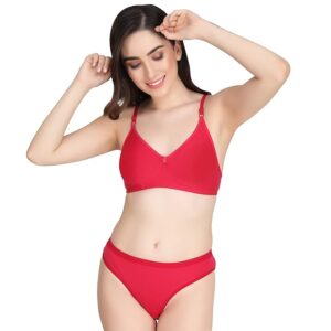 Non Padded Bra Panty Set - Made of Pure Cotton Full Coverage Non Wired Seamless Pushup Soft Cup for T-Shirt Saree Dress Sports Garment for Daily Use Everyday-Red