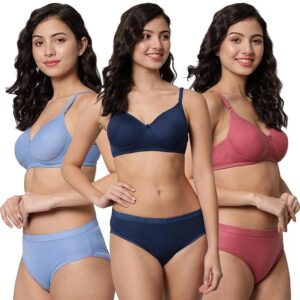 Women's Lingerie Set with Full Coverage Padded Women Cotton Bra Panty Set Sexy Bra Panty Set Pack of 3 Sets