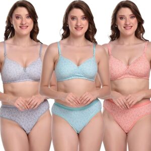 Lingerie Set Full with Coverage Padded Bra and Hipster Panty (Pack of 3, Multicolor)