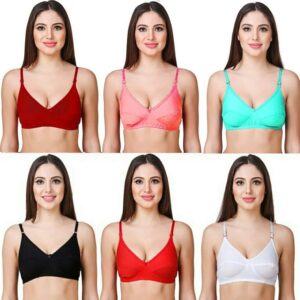 Women's Combo Pack of 6 Full Coverage Non-Padded Multicolor Everyday Cotton Bra (36, Multicolour)