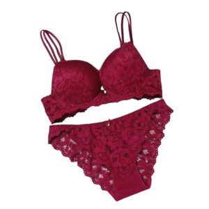 Designer Women's Bra and Panty Set Lace Push Up Solid Lingerie Set-Maroon