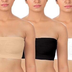 Women Nylon Strechable Non-Padded Wire Free Seamless Tube Bra (Pack of 3)-Beige/ Black/ White