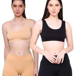 Bra and Panty Suitable for Gym Running Swimming Night wear fits Size 28 inches to 36 inch Used as Innerwear for Girls and Women (Combo Pack)-Beige and Black