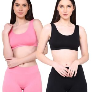 Bra and Panty Suitable for Gym Running Swimming Night wear fits Size 28 inches to 36 inch Used as Innerwear for Girls and Women (Combo Pack)-Pink and Black