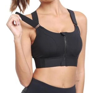 Women Polyester Spandex High Impact Front Zip Sports Bra Longline Fitness Criss Cross Back Crop Tops for Gym, Yoga & Workout - Black