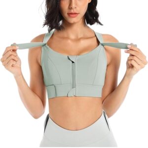 Women Polyester Spandex High Impact Front Zip Sports Bra Longline Fitness Criss Cross Back Crop Tops for Gym, Yoga & Workout - Light Green