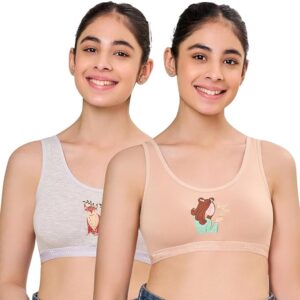 Beginner Bra for Girls, Graphic Printed Cotton Non-Padded Full Coverage Seamless Everyday Non-Wired Gym Bra Winnie Pack of 2 Training Bra Combo for Teenager Kids