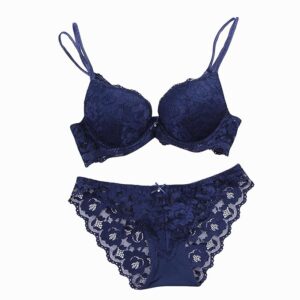Designer Women's Bra and Panty Set Lace Push Up Solid Lingerie Set-Blue