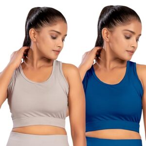 Women's Polyester Blend Combo Sports Bra with Western Style Sleeveless Round Neck and Solid Pattern | Slim Fit Innerwear for Running | Yoga Top | Gym and Fitness Suit | Pack of 2