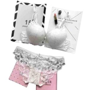 Designer Women's Bra and Panty Set Lace Push Up Solid Lingerie Set-White
