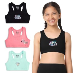 Cotton Blended Multicolor Sports Bra | Double Layered & Non Wired | No-Mark Elastic | Seamless | Racerback(Mint, Black, Coral)