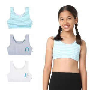 Cotton Blended Multicolor Sports Bra | Double Layered & Non Wired | No-Mark Elastic | Seamless | Racerback (Grey, Blue, White)