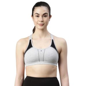 Medium Impact, Side Panel Shaping, Racer Back Women's Cotton Sports Bra - Padding with Removable Cups, Wirefree, High Coverage - GREYMELANGE