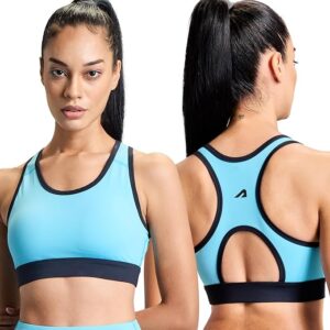 Nylon Spandex Removable Padded Sports Bra for Women Gym Sports Bra for Girls Workout Full Coverage Padded Sports Bra for Gym Yoga Running Scoop Neck Elastic Bottom Band Support-BLUE