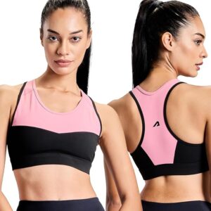 Nylon Spandex Removable Padded Sports Bra for Women Gym Sports Bra for Girls Workout Full Coverage Padded Sports Bra for Gym Yoga Running Scoop Neck Elastic Bottom Band Support-PINK