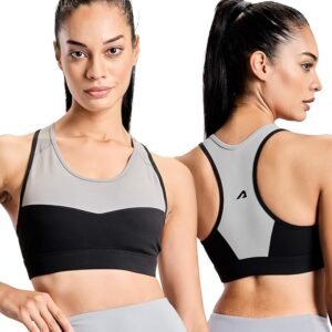 Nylon Spandex Removable Padded Sports Bra for Women Gym Sports Bra for Girls Workout Full Coverage Padded Sports Bra for Gym Yoga Running Scoop Neck Elastic Bottom Band Support-GREY