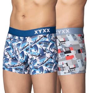 Men's Urbane & Flux Micromodal Regular Fit Printed Antimicrobial Trunks with No Marks Waistband (Pack of 2)-Street Blue+Skyline Blue