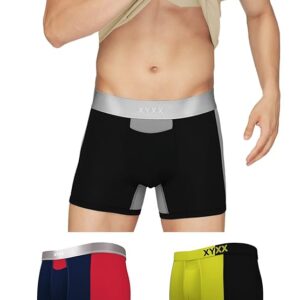 Men's Dualist Micromodal Regular Fit Colorblock Antimicrobial Trunks with No Marks Waistband (Pack of 3)-Black & Steel Grey + Black Iris & Tango Red + Lime Punch