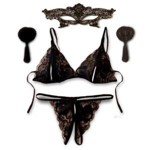 Women Lace Play Time G-String Lingerie Set Of Three - Gift For Anniversary,Valentine'S Day,Birthday,Honeymoon,Gift For Wife,Girlfriend,Bride-To-Be Set Black