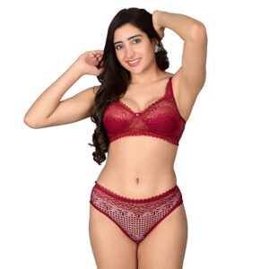 Womens Sexy Lingerie Set for Lace Lingerie Set for Honeymoon, Bridal Bra Panty Set and Swimwear-Maroon