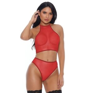 Women's Power Net Solid Sheer Halter Neck Non Wire Erotic Lingerie - Red (L)_(RIOE-ELS-06522)