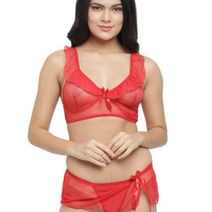 Women's Erotic Lace Ruffle Neck Bra Short Side Slit Skirt Attached with G-String Lingerie Set_Red
