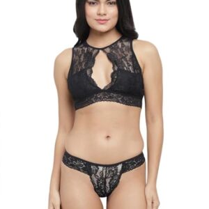 Women's Keyhole High Neck Cut Out Bralette Bra Underwear Lingerie V Shape Thong Panty Set_Black