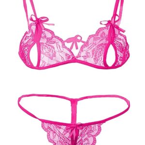Women Lingerie Lace Babydoll V Neck Chemise Nightwear Babydoll Lingerie for Honeymoon Nightwear Beahwear BeachParty Lingerie with G-String Panty for Wedding Honeymoon Chrismas-Pink