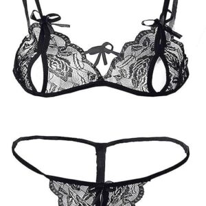 Women Lingerie Lace Babydoll V Neck Chemise Nightwear Babydoll Lingerie for Honeymoon Nightwear Beahwear BeachParty Lingerie with G-String Panty for Wedding Honeymoon Chrismas-Black