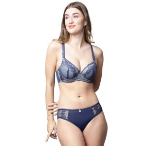 Lightly Padded Underwired Full Cup Floral Lace Multiway Bra with Matching Panty Set (Blue)