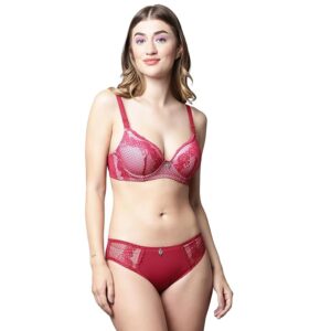 Lightly Padded Underwired Full Cup Floral Lace Multiway Bra with Matching Panty Set (Red)