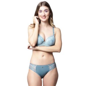 Lightly Padded Underwired Full Cup Floral Lace Multiway Bra with Matching Panty Set (Sea Green)