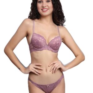 Designer Women's Padded Bra Panty Set Lace Push Up Non-Wired Solid Lingerie Set/Bikini Set for Women/Lingerie Set for Women & Girls-Purple