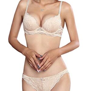 Women's Graceful Poised Double Padded Push Up Bra Sheer Panty Bridal Set Underwire Lace fabric-Royal Peach