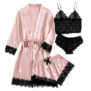 Women's Pajama Satin Sexy Lingerie Robe Set 4Pcs Pjs Silk Sleepwear Floral Lace Cami Shorts Loungewear with Robe
