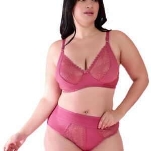 Gorgeous Bridal Honeymoon Cotton Designer Bra Panty Set Lace Push Up Non-Wired Solid Lingerie Lace Bra and Hipster 50MM Broad Belt Panty Set for Women and Girls Lingerie Set-Pink