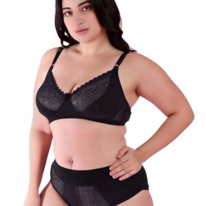 Gorgeous Bridal Honeymoon Cotton Designer Bra Panty Set Lace Push Up Non-Wired Solid Lingerie Lace Bra and Hipster 50MM Broad Belt Panty Set for Women and Girls Lingerie Set-Black