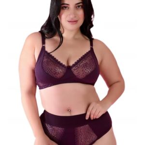 Gorgeous Bridal Honeymoon Cotton Designer Bra Panty Set Lace Push Up Non-Wired Solid Lingerie Lace Bra and Hipster 50MM Broad Belt Panty Set for Women and Girls Lingerie Set-Purple