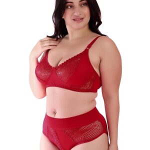Gorgeous Bridal Honeymoon Cotton Designer Bra Panty Set Lace Push Up Non-Wired Solid Lingerie Lace Bra and Hipster 50MM Broad Belt Panty Set for Women and Girls Lingerie Set-Red